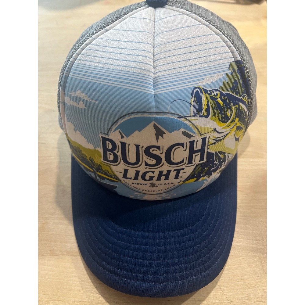 Busch Light Fishing Bass Trucker Hat Brew City Snapback Mesh Cap Blue Grey Mens